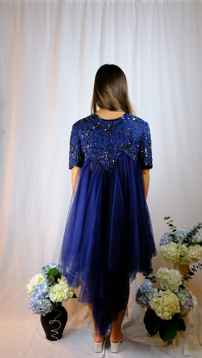 Navy Beaded Tulle Top