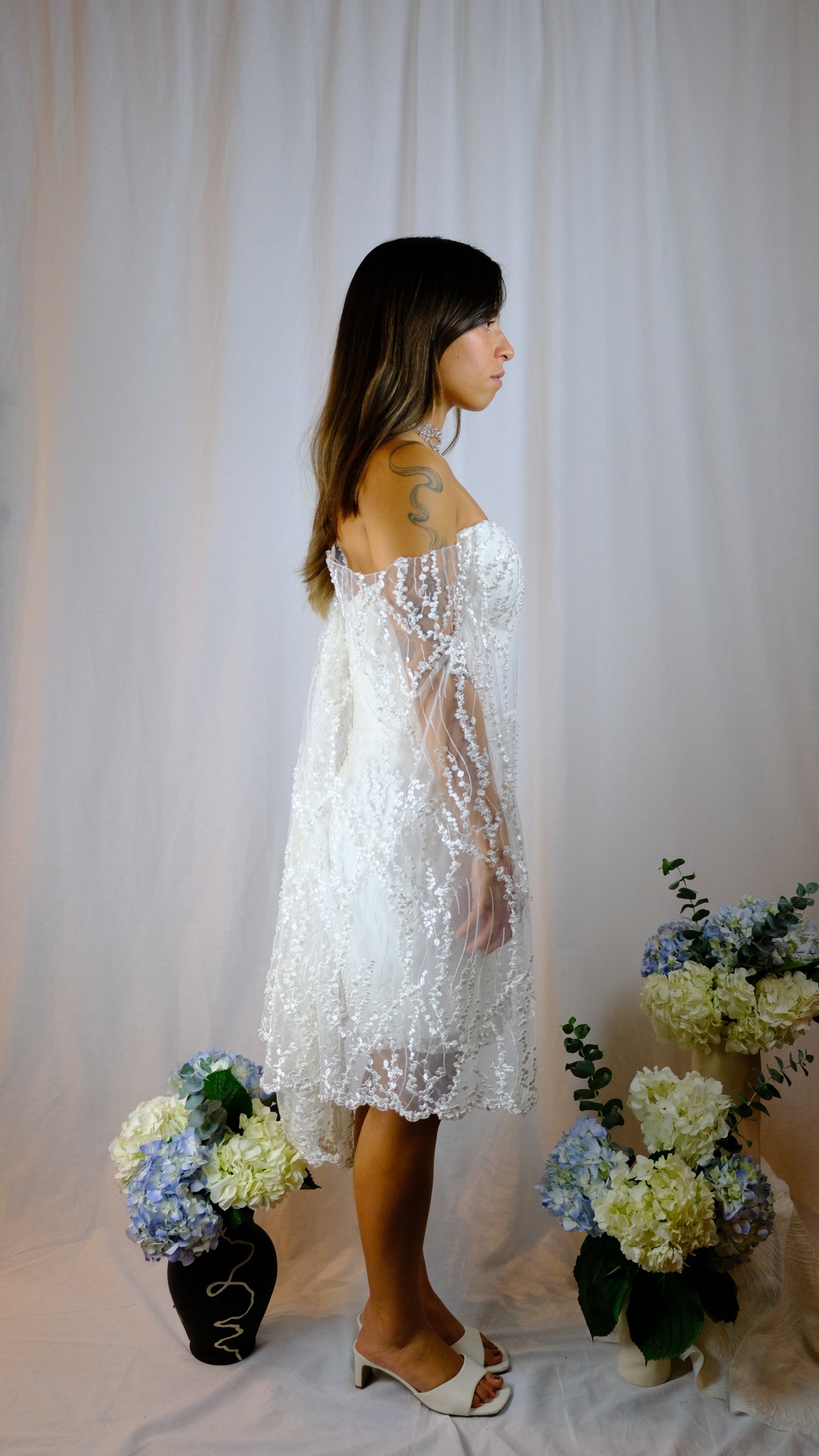 White Sweetheart Mini Wedding Dress with Cape